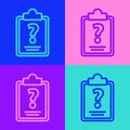 Pop art line Clipboard with question marks icon isolated on color background. Survey, quiz, investigation, customer