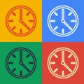 Pop art line Clock icon isolated on color background. Time symbol. Vector Illustration Royalty Free Stock Photo