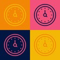 Pop art line Clock icon isolated on color background. Time symbol. Vector Royalty Free Stock Photo