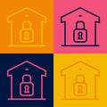 Pop art line Closed warehouse icon isolated on color background. Vector
