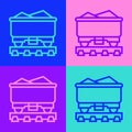 Pop art line Coal train wagon icon isolated on color background. Rail transportation. Vector