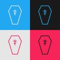 Pop art line Coffin with christian cross icon isolated on color background. Happy Halloween party. Vector