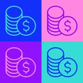 Pop art line Coin money with dollar symbol icon isolated on color background. Banking currency sign. Cash symbol. Vector Royalty Free Stock Photo