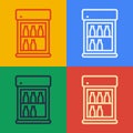 Pop art line Commercial refrigerator to store drinks icon isolated on color background. Perishables for store or