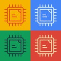 Pop art line Computer processor with microcircuits CPU icon isolated on color background. Chip or cpu with circuit board Royalty Free Stock Photo