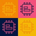 Pop art line Computer processor with microcircuits CPU icon isolated on color background. Chip or cpu with circuit board Royalty Free Stock Photo