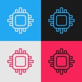 Pop art line Computer processor with microcircuits CPU icon isolated on color background. Chip or cpu with circuit board Royalty Free Stock Photo