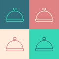 Pop art line Covered with a tray of food icon isolated on color background. Tray and lid sign. Restaurant cloche with
