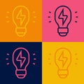 Pop art line Creative lamp light idea icon isolated on color background. Concept ideas inspiration, invention, effective Royalty Free Stock Photo