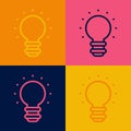 Pop art line Creative lamp light idea icon isolated on color background. Concept ideas inspiration, invention, effective Royalty Free Stock Photo