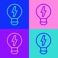 Pop art line Creative lamp light idea icon isolated on color background. Concept ideas inspiration, invention, effective Royalty Free Stock Photo