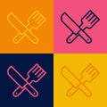 Pop art line Crossed knife and fork icon isolated on color background. Cutlery symbol. Vector Royalty Free Stock Photo