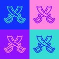 Pop art line Crossed pirate swords icon isolated on color background. Sabre sign. Vector