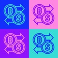 Pop art line Cryptocurrency exchange icon isolated on color background. Bitcoin to dollar exchange icon. Cryptocurrency