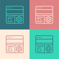 Pop art line Debugging icon isolated on color background. Debugging tool. Magnifying glass on bug programming. Testing Royalty Free Stock Photo