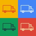 Pop art line Delivery cargo truck vehicle icon isolated on color background. Vector Illustration