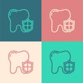 Pop art line Dental protection icon isolated on color background. Tooth on shield logo. Vector