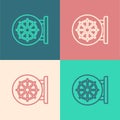 Pop art line Dharma wheel icon isolated on color background. Buddhism religion sign. Dharmachakra symbol. Vector
