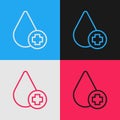 Pop art line Donate drop blood with cross icon isolated on color background. Vector