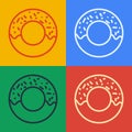 Pop art line Donut with sweet glaze icon isolated on color background. Vector Illustration