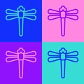 Pop art line Dragonfly icon isolated on color background. Vector