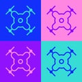 Pop art line Drone flying icon isolated on color background. Quadrocopter with video and photo camera symbol. Vector Royalty Free Stock Photo