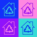 Pop art line Eco House with recycling symbol icon isolated on color background. Ecology home with recycle arrows. Vector Royalty Free Stock Photo