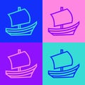 Pop art line Egyptian ship icon isolated on color background. Egyptian papyrus boat. Vector