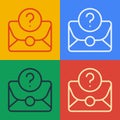 Pop art line Envelope with question mark icon isolated on color background. Letter with question mark symbol. Send in Royalty Free Stock Photo