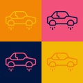 Pop art line Fantastic flying car icon isolated on color background. Hover car future technology future transport