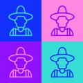 Pop art line Farmer in the hat icon isolated on color background. Vector
