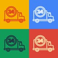 Pop art line Fast round the clock delivery by car icon isolated on color background. Vector Illustration Royalty Free Stock Photo