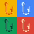 Pop art line Fishing hook icon isolated on color background. Fishing tackle. Vector