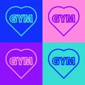 Pop art line Fitness gym heart icon isolated on color background. I love fitness. Vector Royalty Free Stock Photo