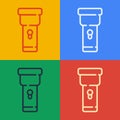 Pop art line Flashlight icon isolated on color background. Vector