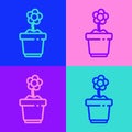 Pop art line Flower in pot icon isolated on color background. Plant growing in a pot. Potted plant sign. Vector Royalty Free Stock Photo