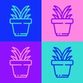 Pop art line Flower in pot icon isolated on color background. Plant growing in a pot. Potted plant sign. Vector Royalty Free Stock Photo