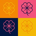 Pop art line Four leaf clover icon isolated on color background. Happy Saint Patrick day. Vector