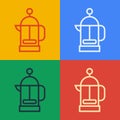 Pop art line French press icon isolated on color background. Vector