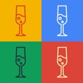 Pop art line Glass of champagne icon isolated on color background. Merry Christmas and Happy New Year. Vector Royalty Free Stock Photo