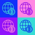 Pop art line Globe and cryptocurrency coin Bitcoin icon isolated on color background. Physical bit coin. Blockchain