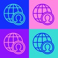 Pop art line Globe and people icon isolated on color background. Global business symbol. Social network icon. Vector Royalty Free Stock Photo