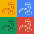 Pop art line Goblet and bread icon isolated on color background. Bread and wine cup. Holy communion sign. Vector Royalty Free Stock Photo