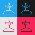 Pop art line Grave with cross icon isolated on color background. Vector