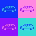 Pop art line Hatchback car icon isolated on color background. Vector