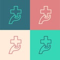 Pop art line Heart with a cross icon isolated on color background. First aid. Healthcare, medical and pharmacy sign Royalty Free Stock Photo