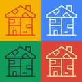 Pop art line Homeless cardboard house icon isolated on color background. Vector