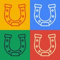 Pop art line Horseshoe icon isolated on color background. Vector