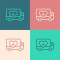 Pop art line Humanitarian truck icon isolated on color background. Vector