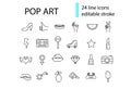 Pop art line icons bundle. Retro design. Hot dog, camera and hand poses. Isolated vector stock illustration